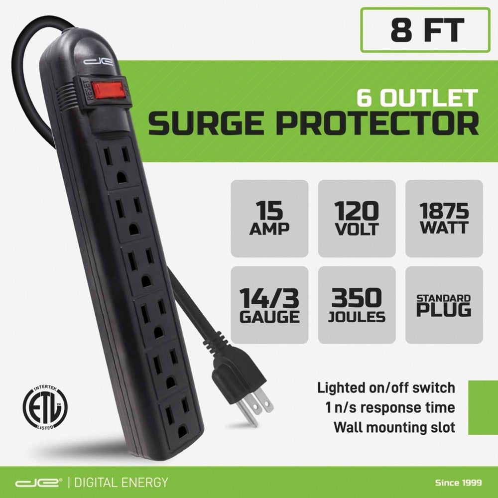 Digital Energy World 6-Outlet Surge Protector Power Strip with 8-Foot Cord (Black) - 6 x AC Power - 1875 VA - 350 J - 120 V AC Input - 8 ft