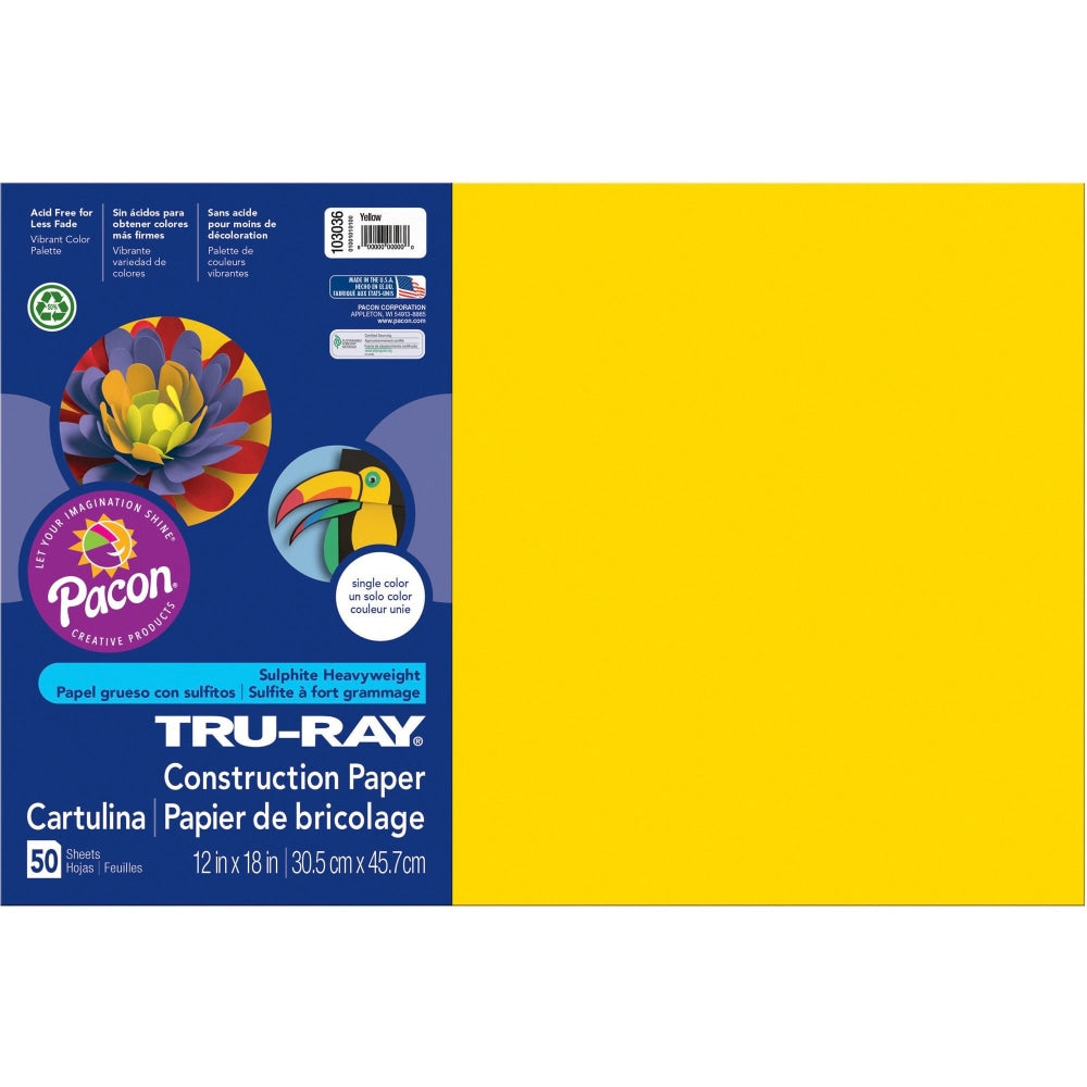 Tru-Ray Construction Paper, 50% Recycled, 12in x 18in, Yellow, Pack Of 50