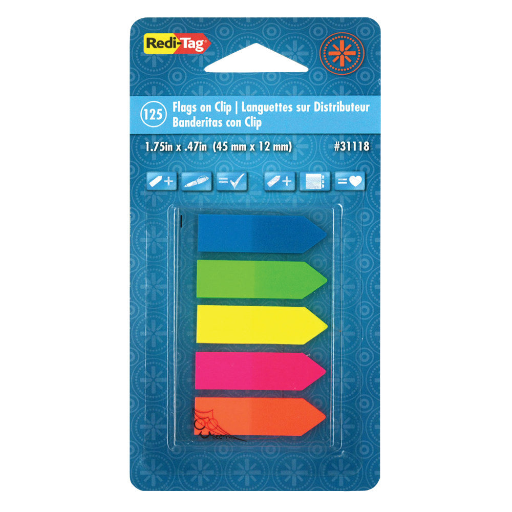 Redi-Tag See Note Arrow Page Flags On Clip-On Holder, 1 3/4in x 15/32in, Assorted Neon Colors, Pack Of 125