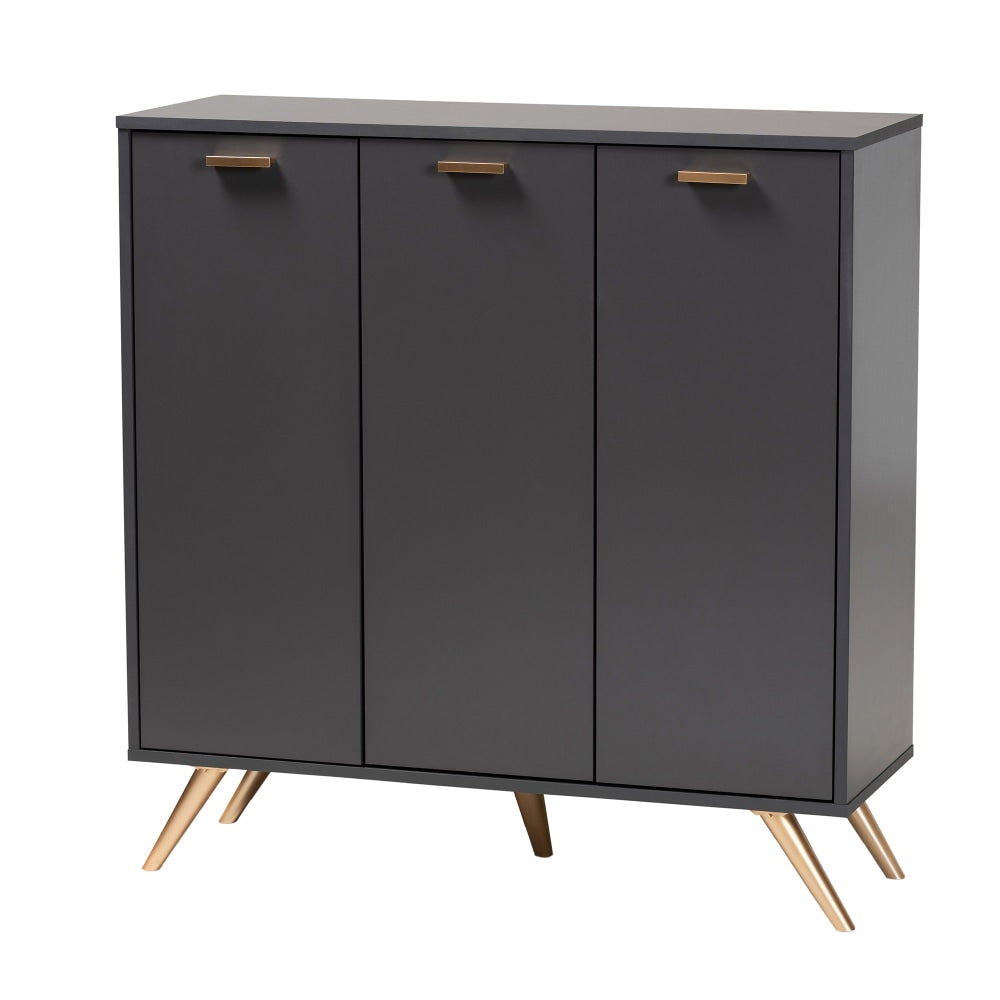 Baxton Studio Kelson 38inW 3-Door Shoe Cabinet, Dark Gray/Gold