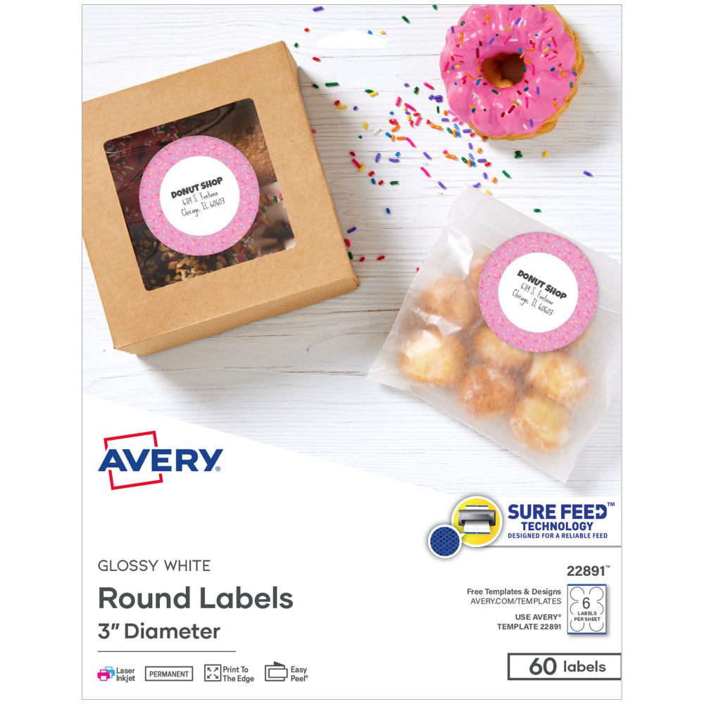 Avery Print-to-the-Edge Labels, 22891, 3in, Glossy White, 6 Labels Per Sheet, Pack Of 10 Sheets