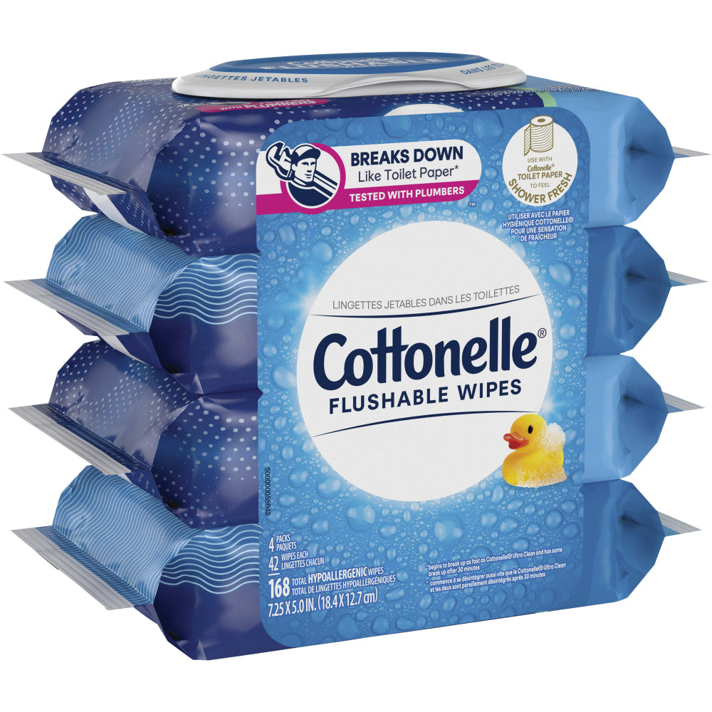 Cottonelle Flushable Wipes, 7-1/4in x 7-1/4, White, 168 Sheets Per Carton, Set Of 4 Cartons