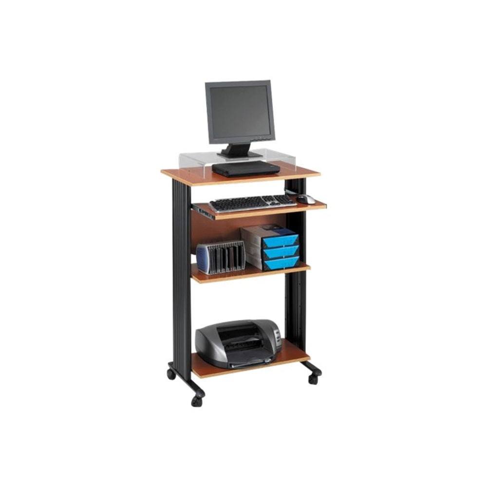 Safco Muv 30inW Fixed Height Stand-Up Mobile Workstation With 2-Shelves and Keyborad Tray, Cherry/Black