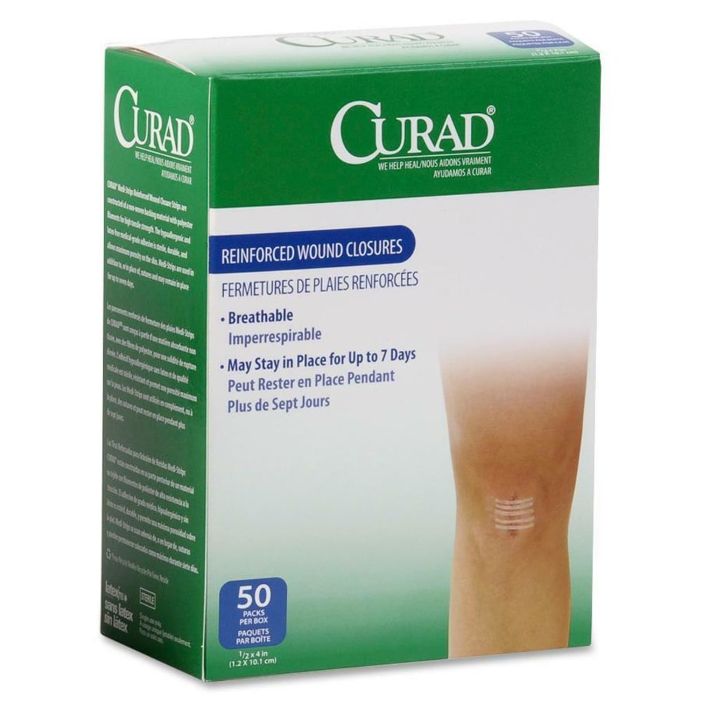 CURAD Sterile Medi-Strips Reinforced Wound Closures, 1/2in x 4in, White, 6 Per Pack, Box Of 50 Packs