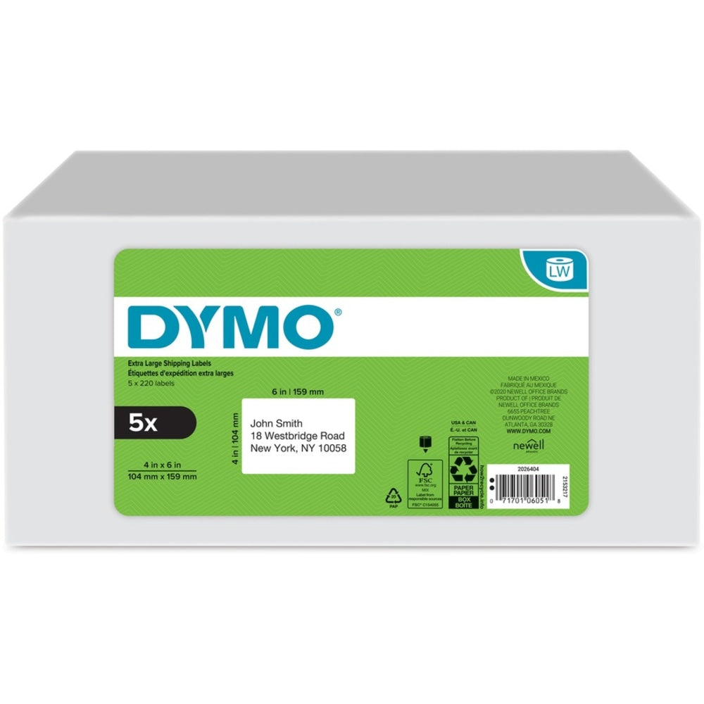 Dymo LabelWriter XL Shipping Labels, 4in x 6in, Rectangle, White, 220 Labels Per Roll, Pack Of 5 Rolls