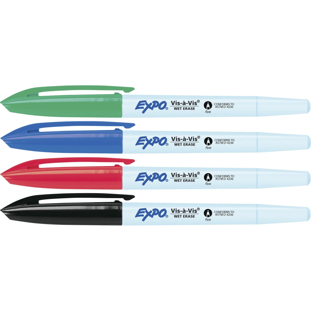 EXPO Vis-A-Vis Wet-Erase Markers, Fine Point, White Barrels, Assorted Ink Colors, Pack Of 4 Markers