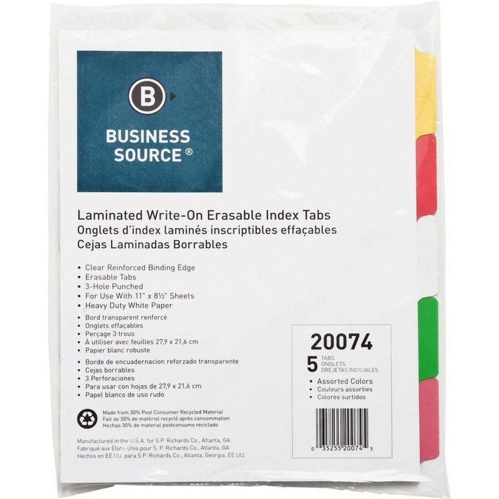 Business Source Laminated Write-On Tab Indexes - 5 Write-on Tab(s) - 5 Tab(s)/Set - 11in Tab Height x 8.50in Tab Width - 3 Hole Punched - Self-adhesive, Removable - Multicolor Mylar Tab(s) - Recycled