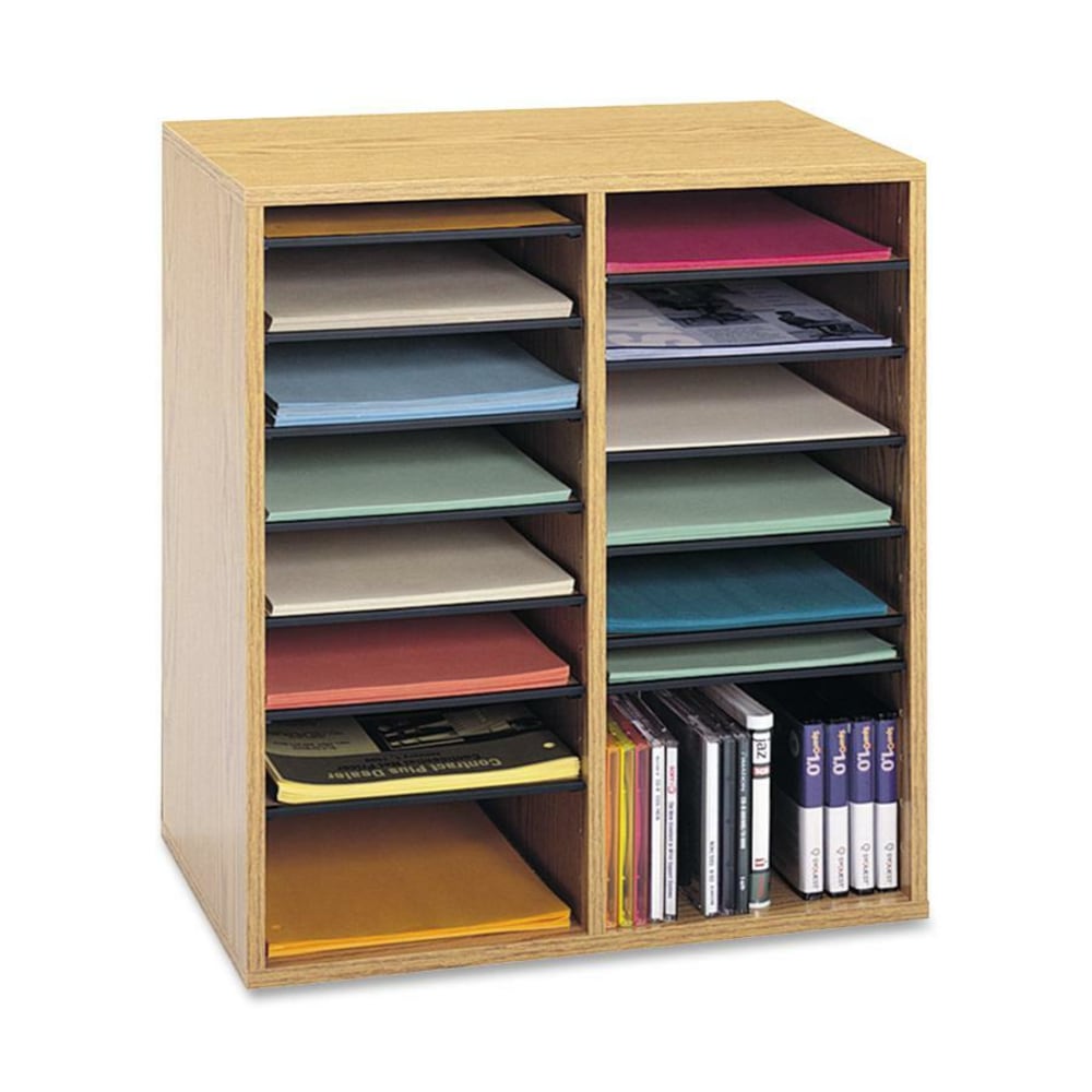 Safco Adjustable Wood Literature Organizer, 20inH x 19 1/2inW x 11 3/4inD, 16 Compartments, Oak