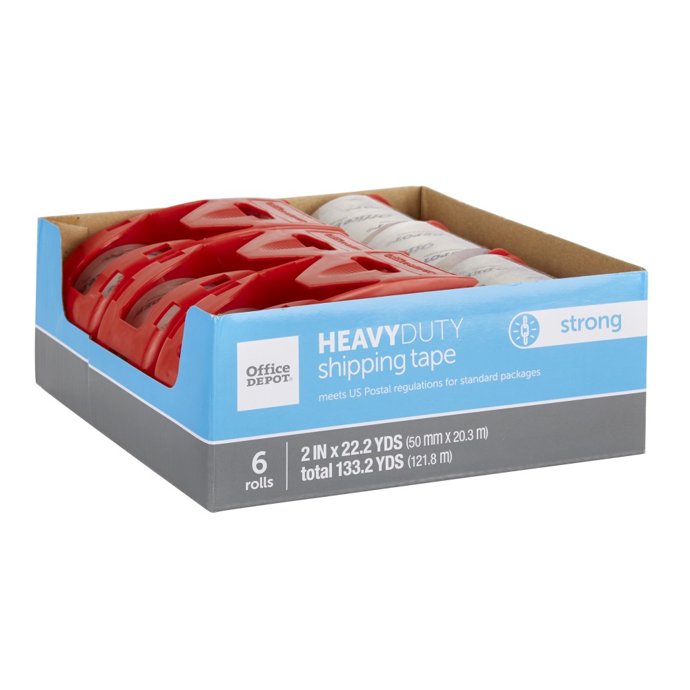 Office Depot Brand Heavy Duty Shipping Packing Tape With Dispenser, 2in x 22.2 Yd, Crystal Clear, Pack Of 6 Rolls