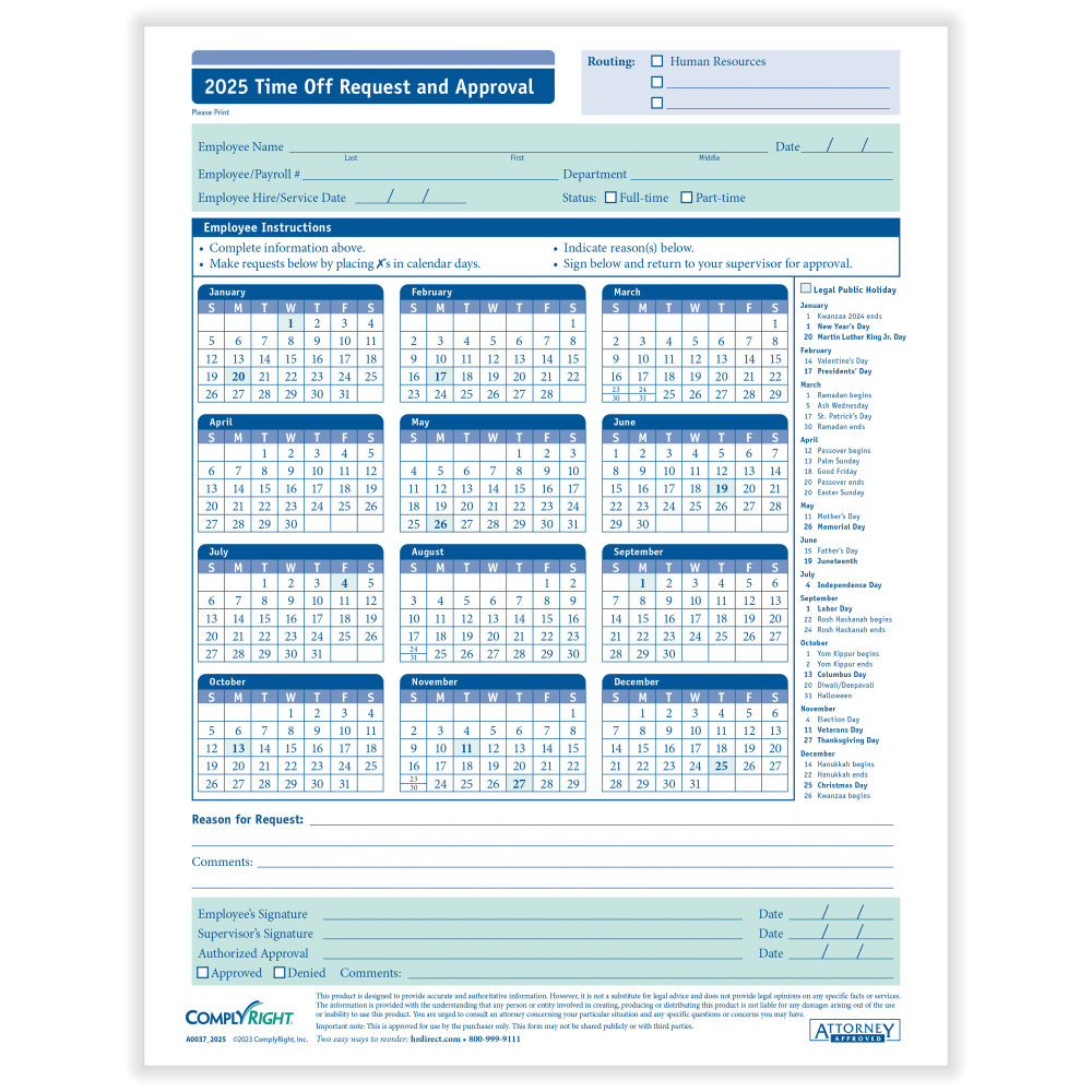 ComplyRight 2024 Time Off Request And Approval Calendars, 8 1/2in x 11in, Pack Of 50