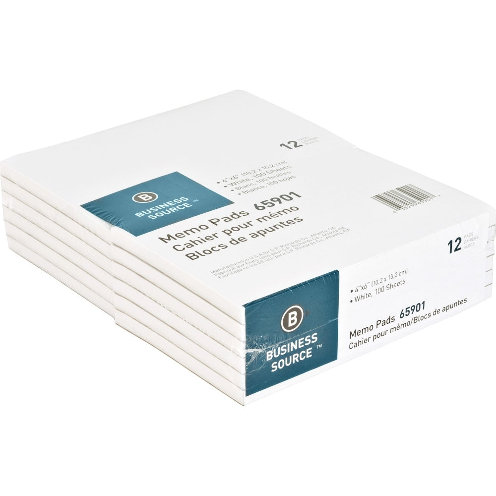 Business Source Plain Memo Pads - 100 Sheets - Plain - Glued - Unruled - 15 lb Basis Weight - 4in x 6in - White Paper - Chipboard Backing - 1 Dozen