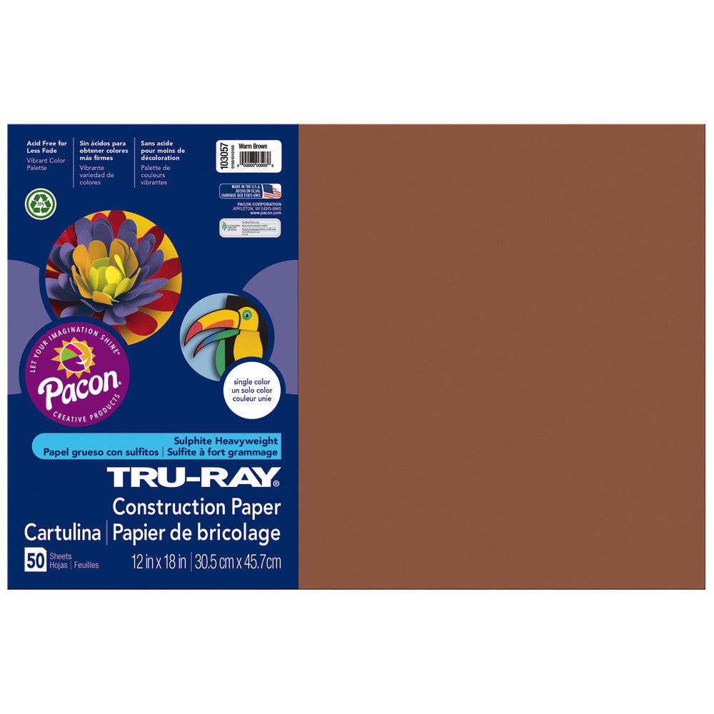 Tru-Ray Construction Paper, 50% Recycled, 12in x 18in, Warm Brown, Pack Of 50