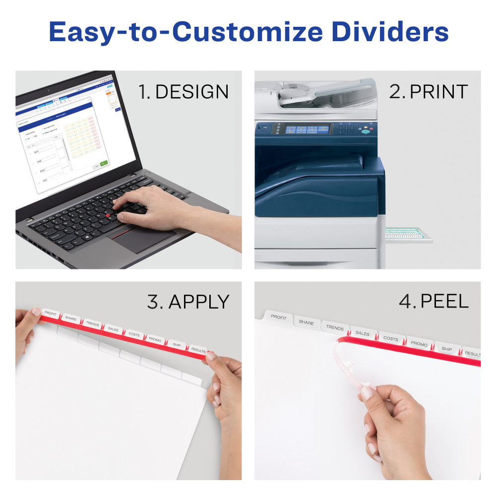 Avery Print & Apply Clear Label Dividers With Index Maker Easy Apply Printable Label Strip for Copiers, 8-1/2in x 11in, 8-Tab, White, Pack of 5 Sets