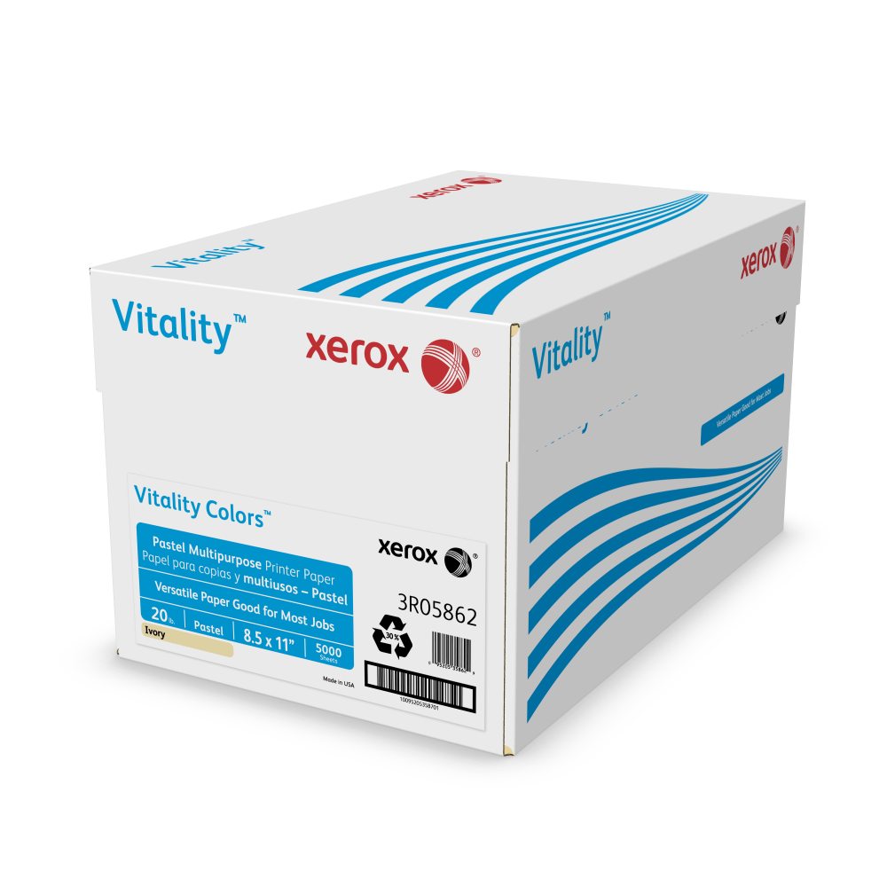 Xerox Vitality Colors Pastel Color Multi-Use Printer & Copy Paper, Ivory, Letter (8.5in x 11in), 5000 Sheets Per Case, 20 Lb, 30% Recycled, Case Of 10 Reams