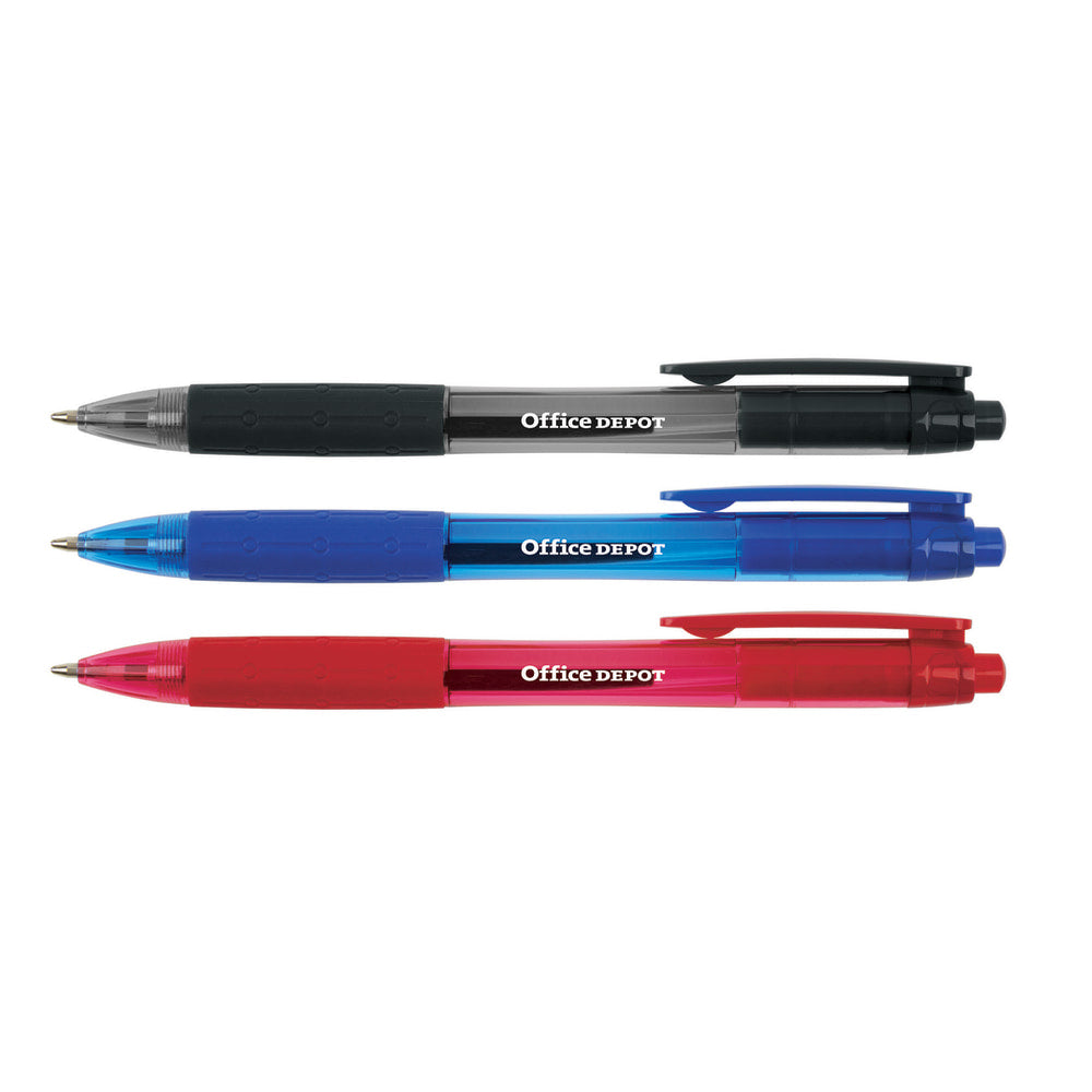 Office Depot Brand Retractable Ballpoint Pens With Grips, Medium Point, 1.0 mm, Black/Blue/Red Barrels, Black/Blue/Red Inks, Pack Of 50 Pens