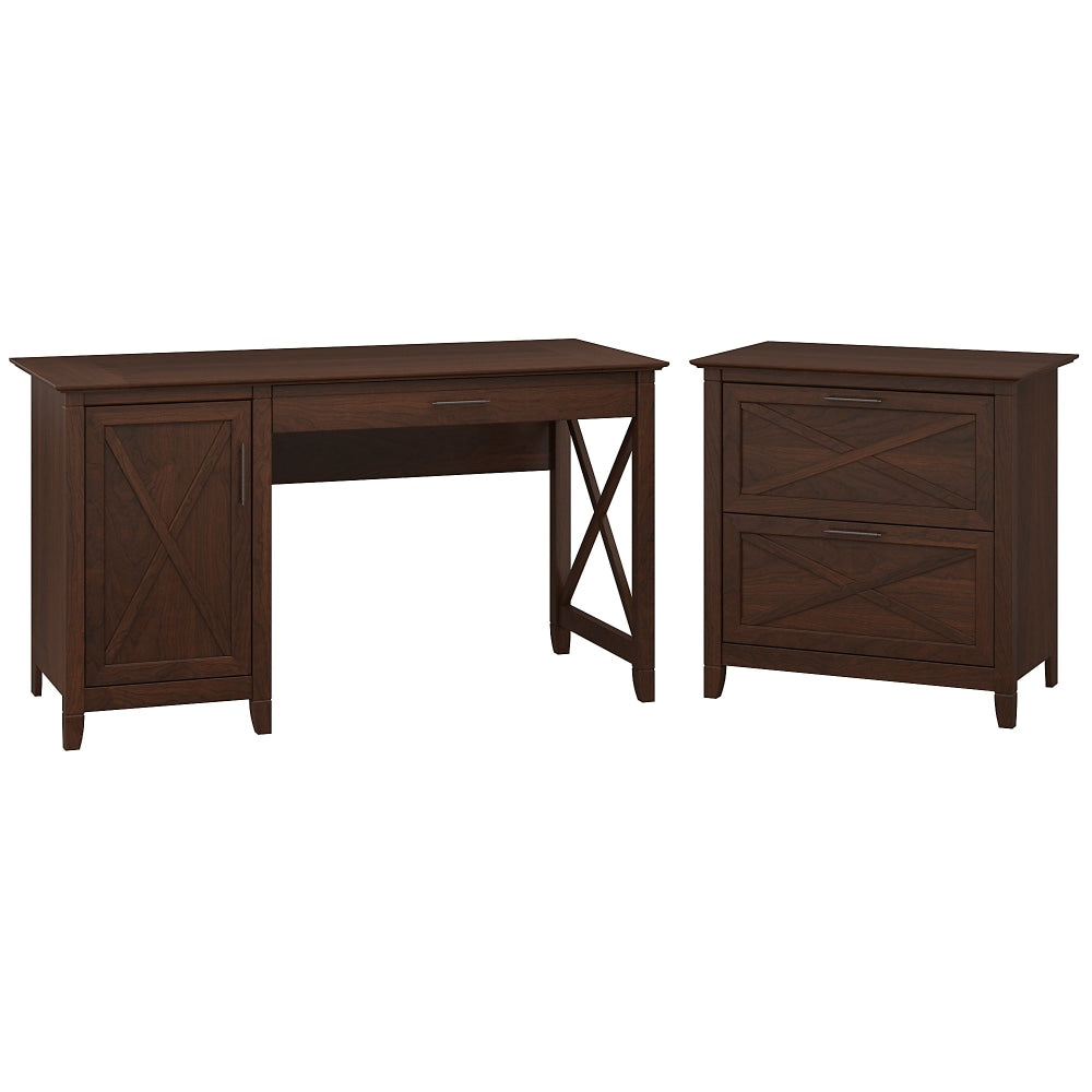 Bush Furniture Key West 54inW Computer Desk With Storage And 2 Drawer Lateral File Cabinet, Bing Cherry, Standard Delivery