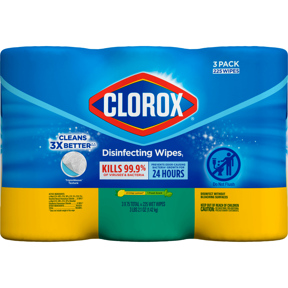 Clorox Disinfecting Wipes, 7in x 8in, Fresh Scent/Citrus Blend, 75 Wipes Per Canister, Pack Of 3 Canisters