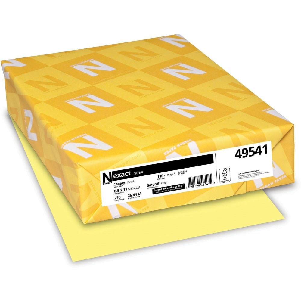 Neenah Exact Index Card Stock, 8 1/2in x 11in, 110 Lb., Canary, Pack Of 250 Sheets