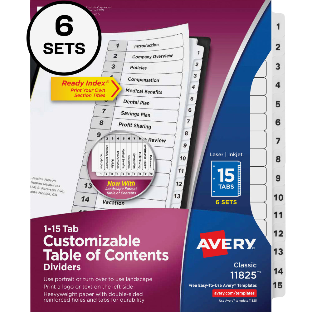 Avery Ready Index Dividers, 1-15 Tab & Customizable Table Of Contents, Letter Size, Black/White ,15 Tabs Per Pack, Set Of 6 Packs