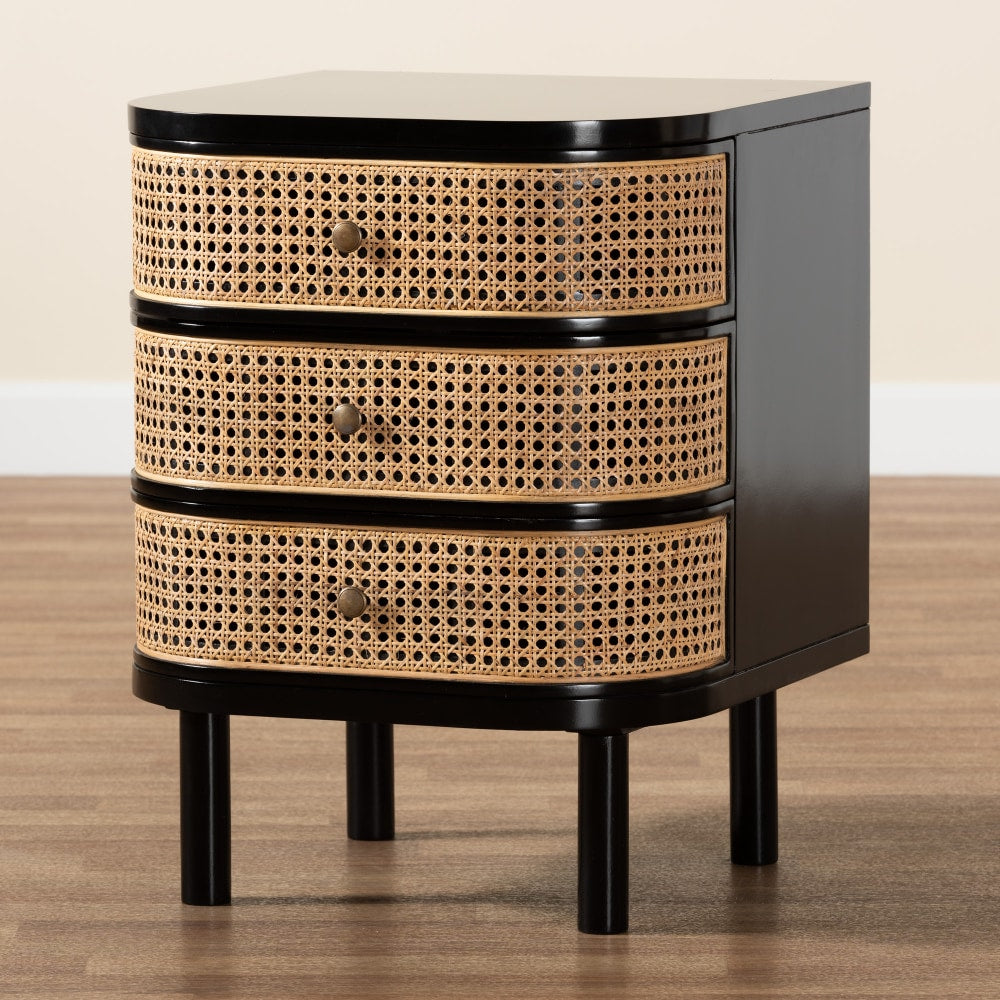 bali & pari Nabila Modern Bohemian 3-Drawer Nightstand, 25-5/8inH x 19-3/4inW x 20-1/8inD, Black/Natural Brown