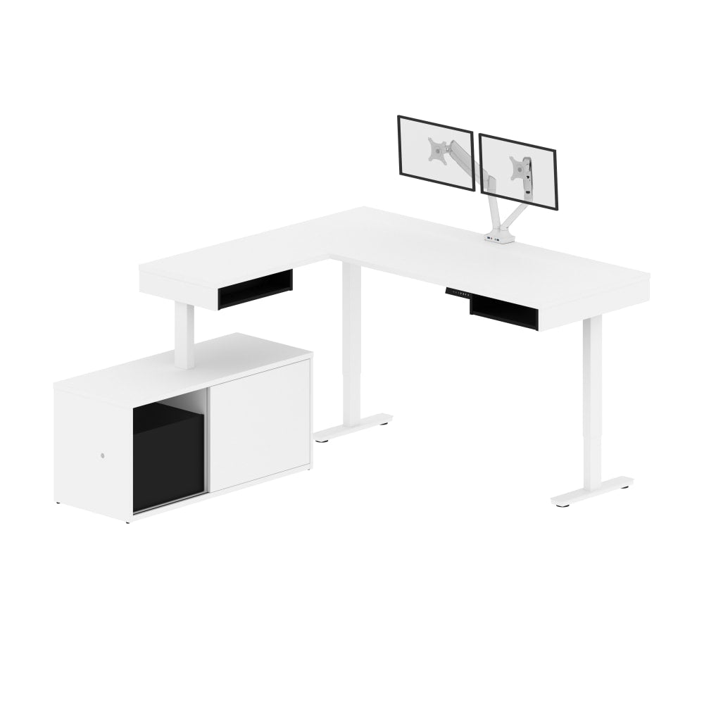 Bestar Pro-Vega 81inW L-Shaped Standing Corner Desk With Dual Monitor Arm And Credenza, White/Black