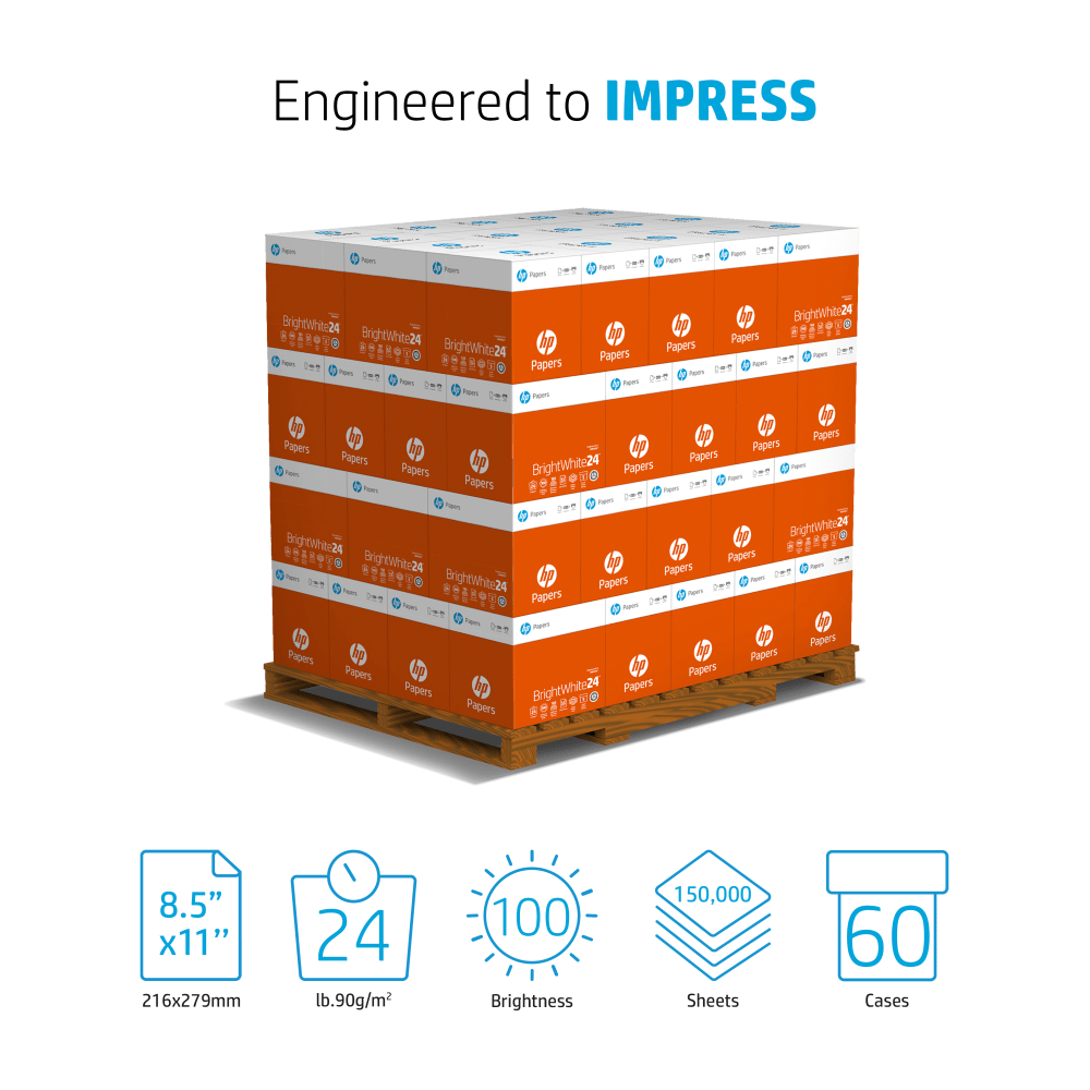 HP Copy Paper, White, Letter (8.5in x 11in), 160000 Sheets Per Pallet, 24 Lb, 100 Brightness, Case Of 5 Reams