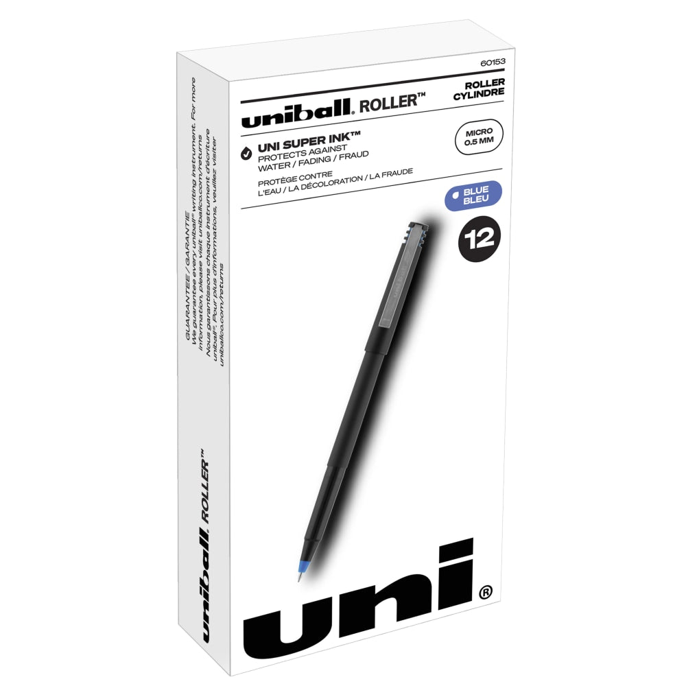 uni-ball Rollerball Pens, Micro Point, 0.5 mm, 80% Recycled, Black Barrel, Blue Ink, Pack Of 12 Pens