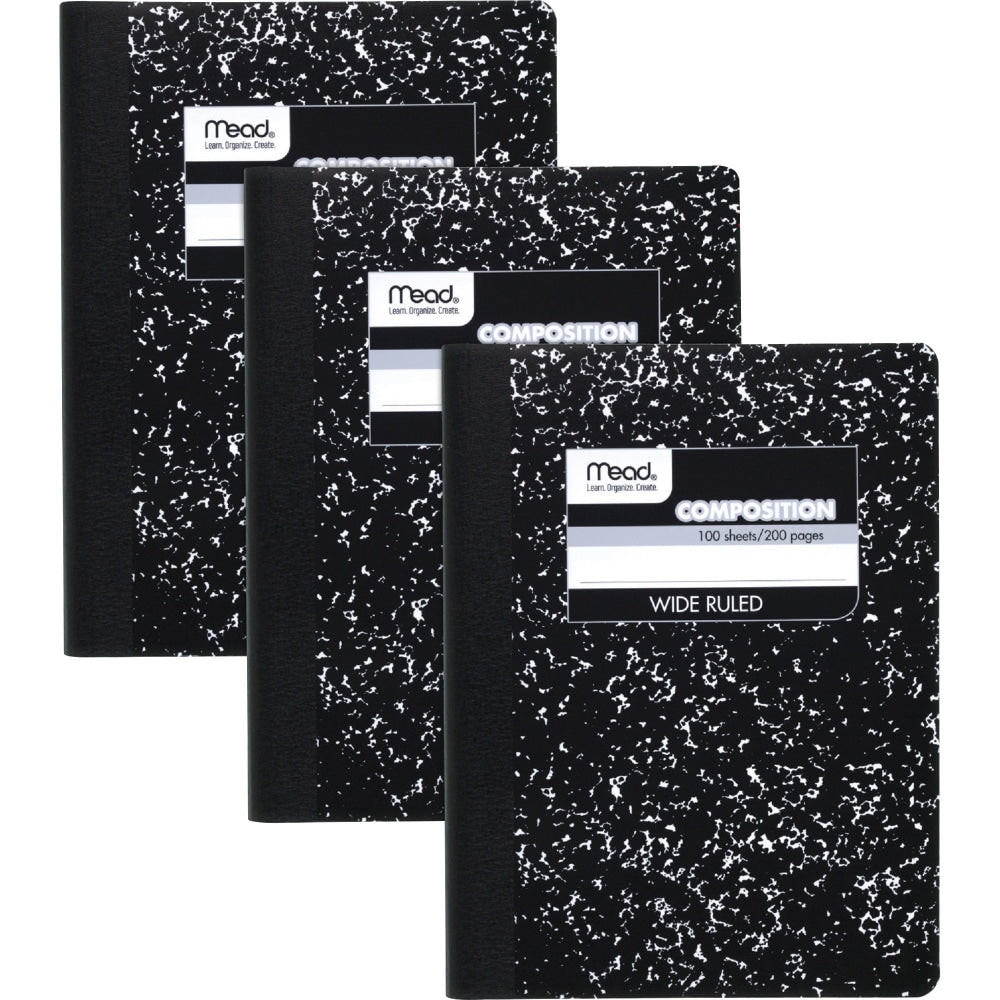 Mead Composition Notebooks, 9 3/4in x 7 1/2in, Wide Ruled, 100 Sheets, Black Marble, Pack Of 3