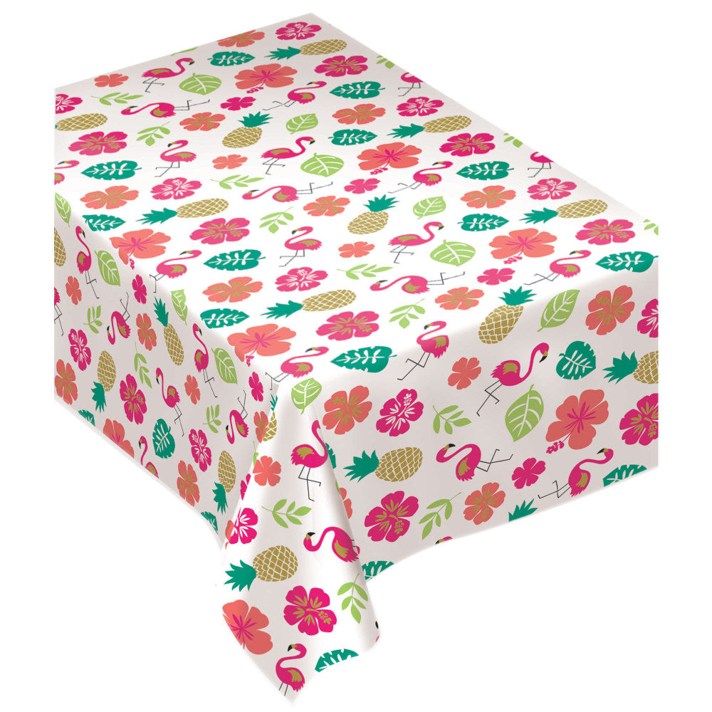 Amscan Flannel-Backed Table Cover, 52in x 90in, Summer Luau Aloha