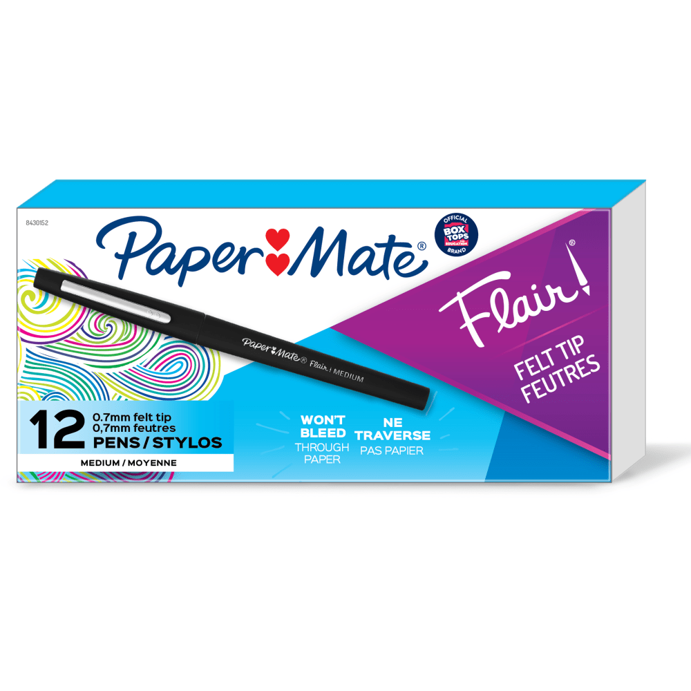 Paper Mate Flair Porous-Point Pens, Medium Point, 0.7 mm, Black Barrel, Black Ink, Pack Of 12 Pens