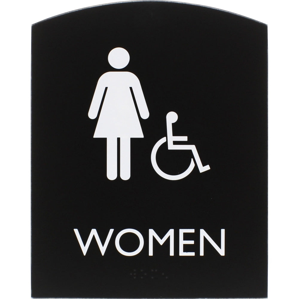 Lorell Arched Womens Handicap Restroom Sign - 1 Each - Women Print/Message - 6.8in Width x 8.5in Height - Rectangular Shape - Surface-mountable - Easy Readability, Braille - Plastic - Black