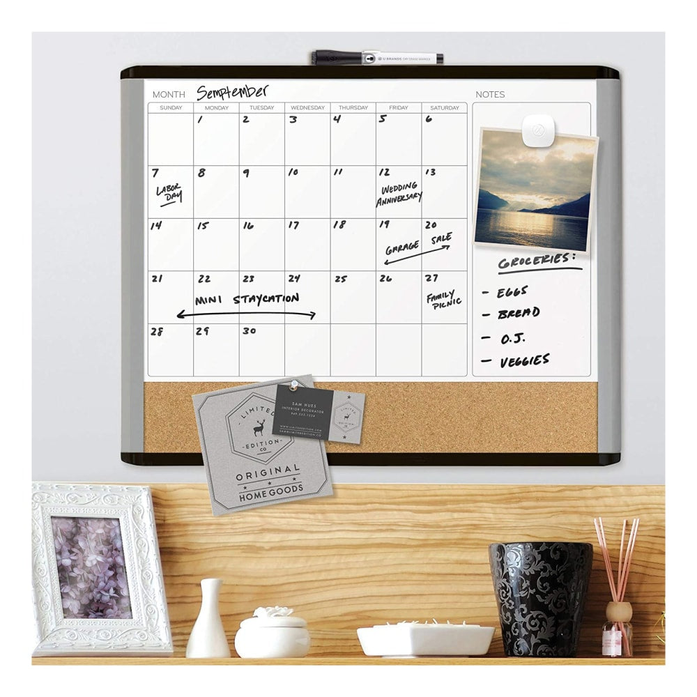 U Brands Magnetic MOD 3-In-1 Magnetic Dry-Erase Calendar Board, Painted Steel, 20in x 16in, Black/Gray Plastic Frame