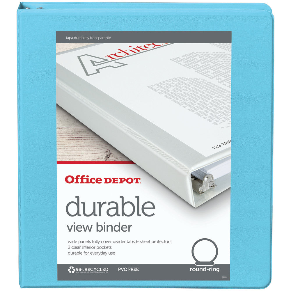 Office Depot Brand 3-Ring Durable View Binder, 1in Round Rings, Jeweler Blue