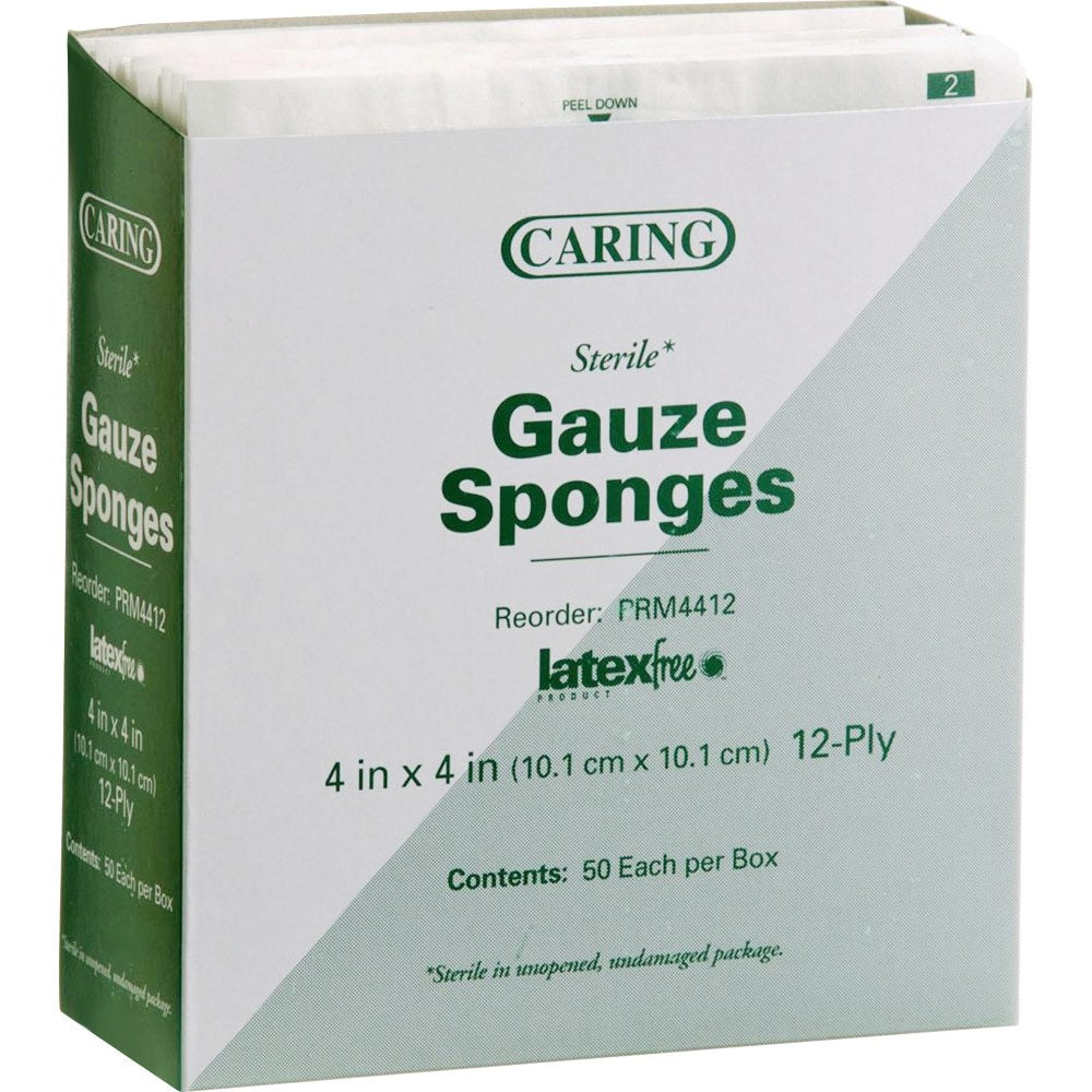 Medline CARING Woven Gauze Sponges, 12-Ply, 4in x 4in, White, Pack Of 50