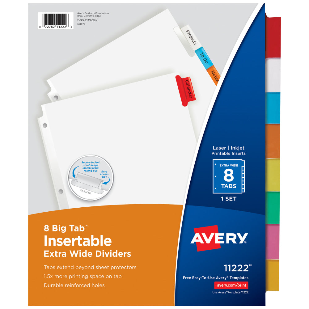 Avery Big Tab Extra-Wide Insertable Dividers, Clear Reinforced, White/Multicolor, 8-Tab