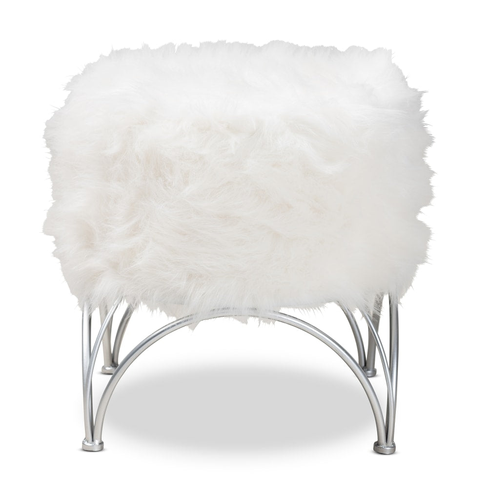 Baxton Studio Modern And Contemporary Faux Fur Round Ottoman, White/Silver