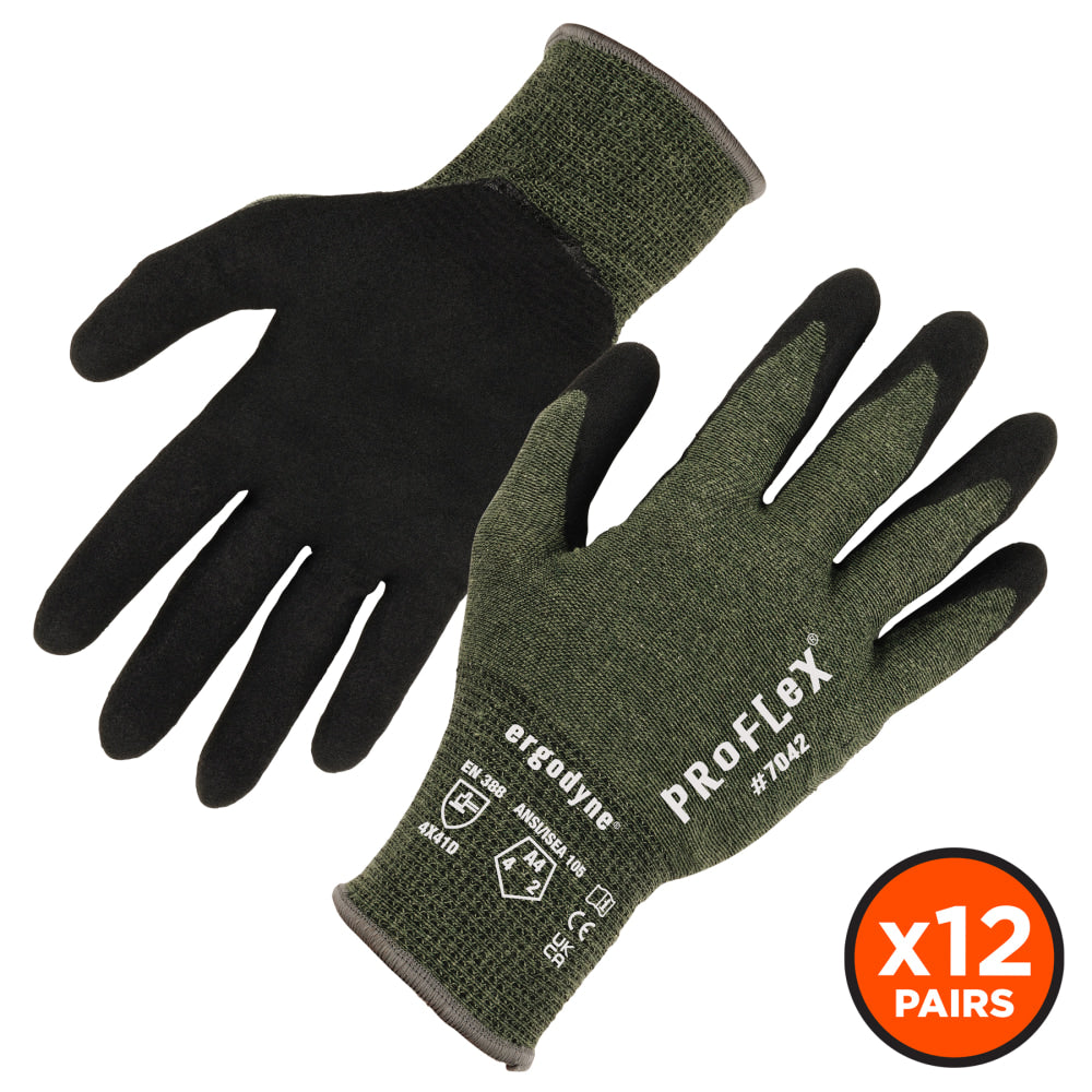 Ergodyne Proflex 7042-12PR Nitrile-Coated Cut-Resistant Gloves, Green, Small, Set Of 12 Pairs