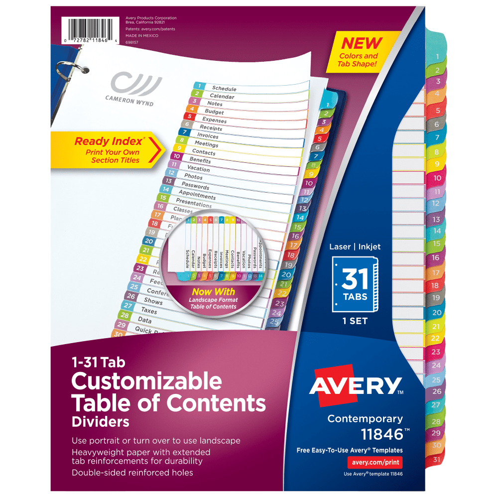 Avery Ready Index 1-31 Tab With Customizable Table Of Contents Binder Dividers, 8-1/2in x 11in, 31 Tab, White/Multicolor, 1 Set