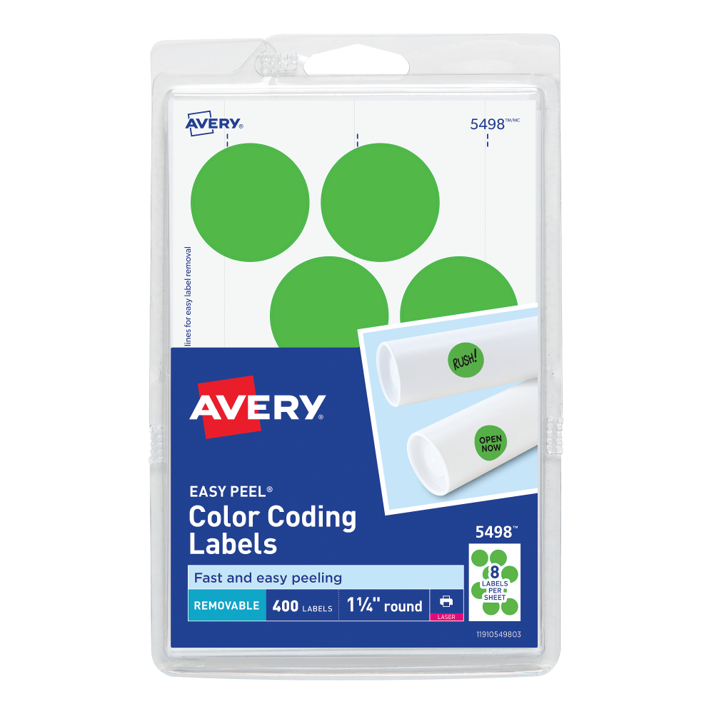 Avery Removable Print Or Write Color Coding Labels For Laser Printers, 5498, Round, 1-1/4in Diameter, Neon Green, Pack Of 400