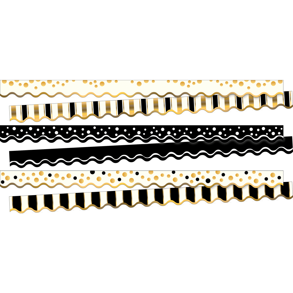 Barker Creek Double-Sided Scalloped Borders, 2-1/4in x 36in, Black & Gold, 13 Strips Per Pack, Set Of 3 Packs