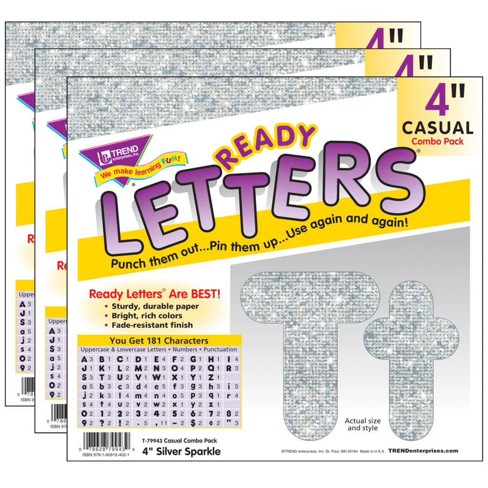 Trend Casual Combo Ready Letters, 4in, Silver Sparkle, 182 Letters Per Pack, Set Of 3 Packs