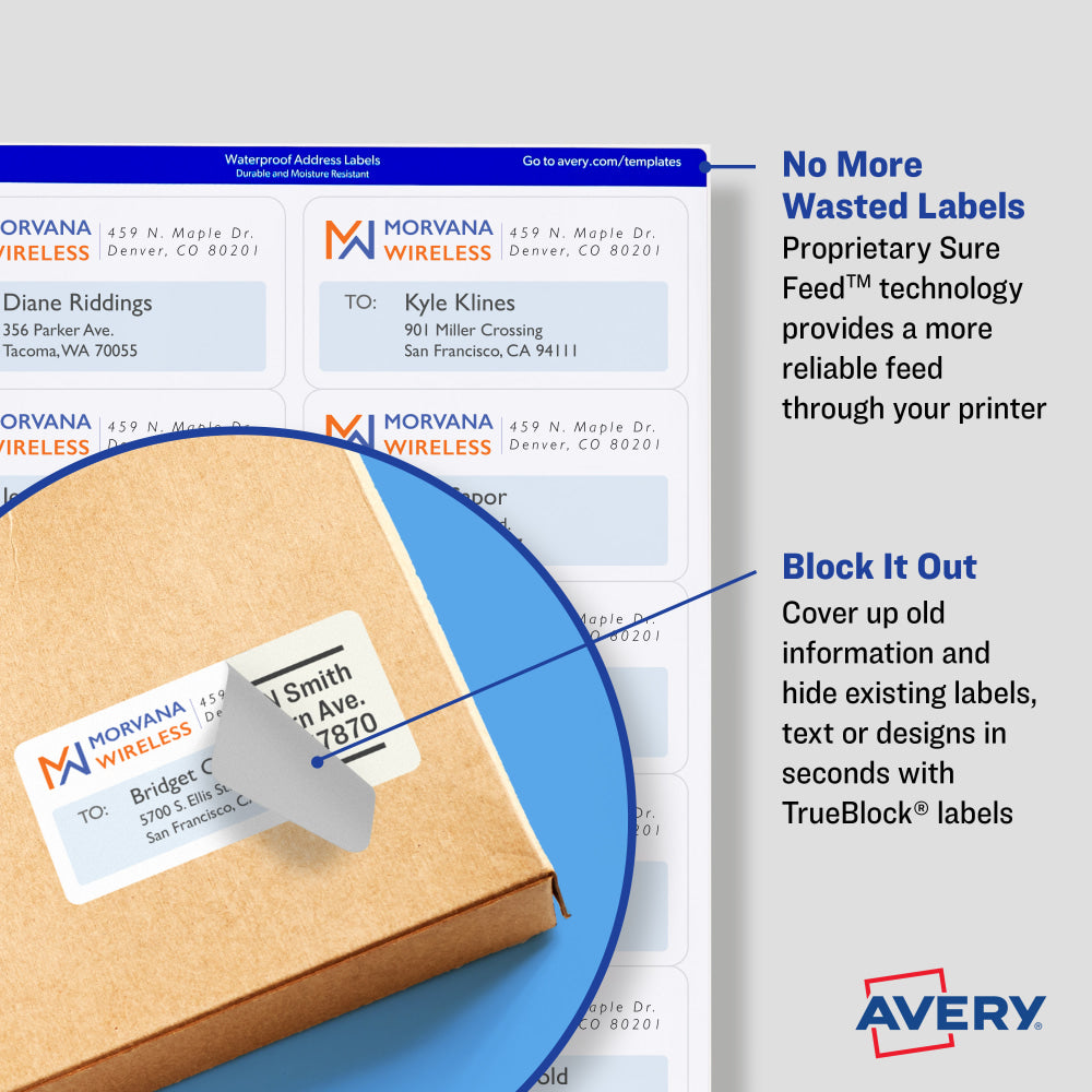 Avery TrueBlock Shipping Labels With Sure Feed Technology, 5816, Rectangle, 2.5in x 4in, White, Pack Of 200