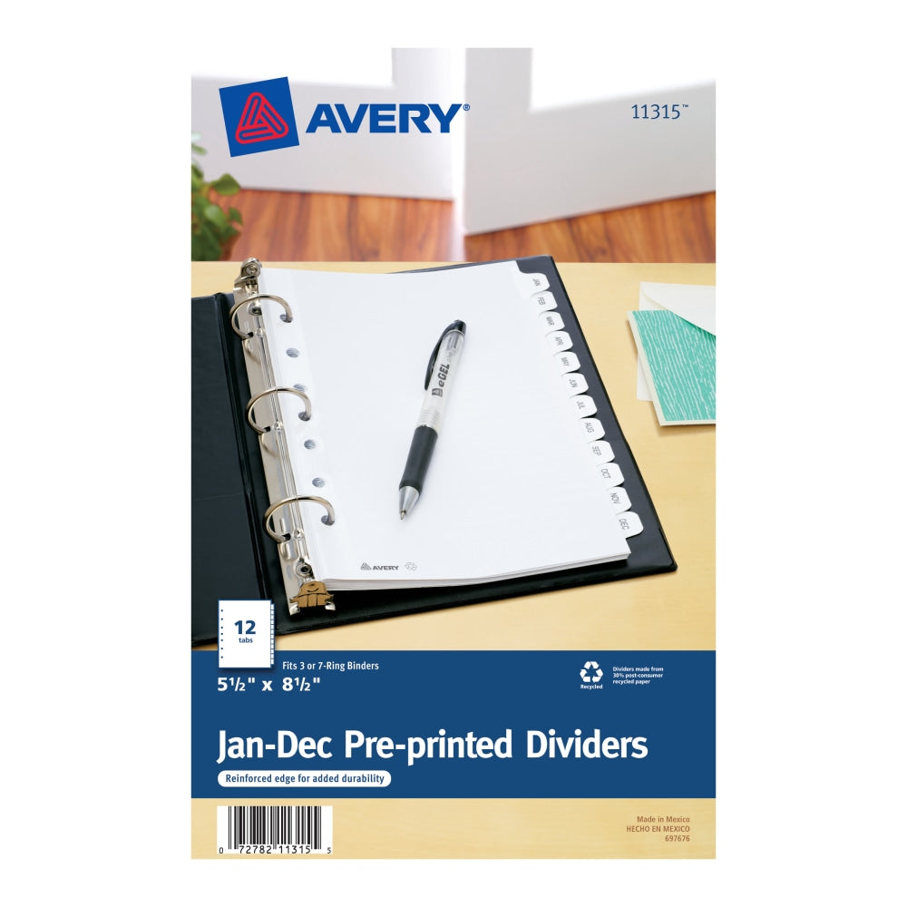 Avery Mini Preprinted Dividers, 5-1/2in x 8-1/2in, 12-Tab (Jan.-Dec.), White, 1 Set