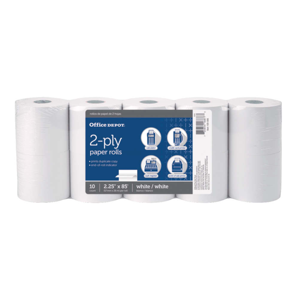 Office Depot Brand 2-Ply Paper Rolls, 2-1/4in x 85ft, White, Pack Of 10