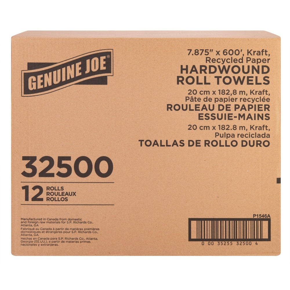 Genuine Joe Embossed Hardwound Roll Towels - 7.88in x 600 ft - 2in Core - Brown - 12 / Carton