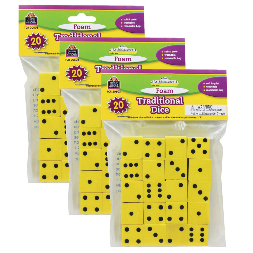 Teacher Created Resources Foam Traditional Dice, 3/4in, Yellow, Grades K-4, 20 Dice Per Pack, Case Of 3 Packs