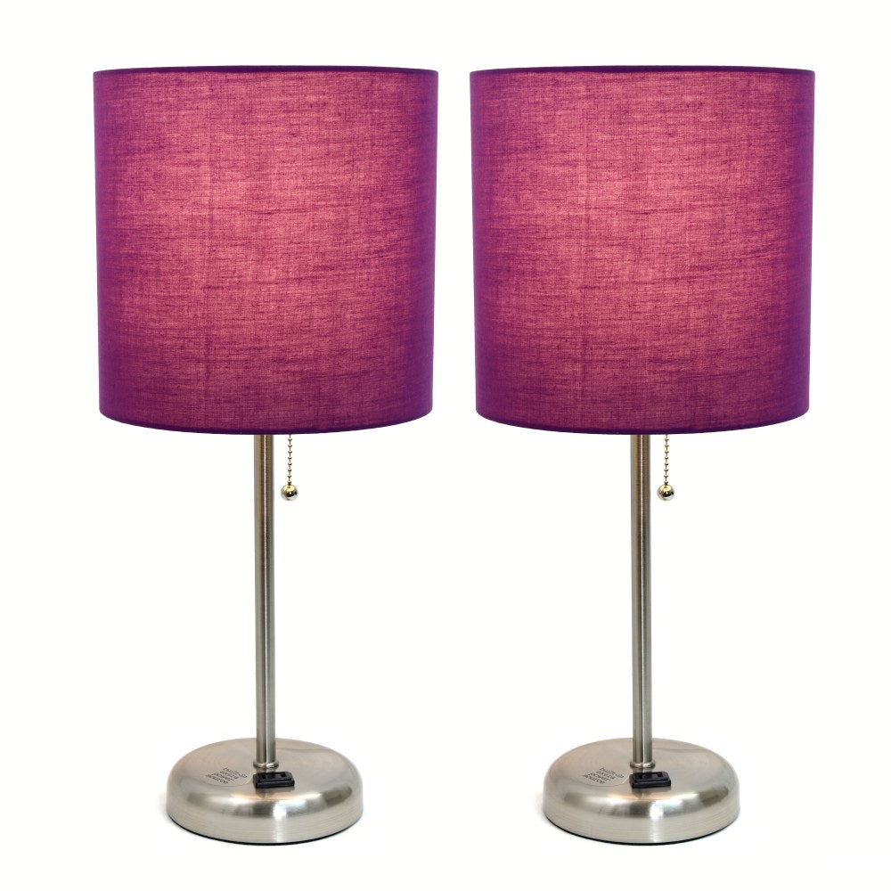 LimeLights Brushed Steel Stick Lamp with Charging Outlet and Purple Fabric Shade 2 Pack Set