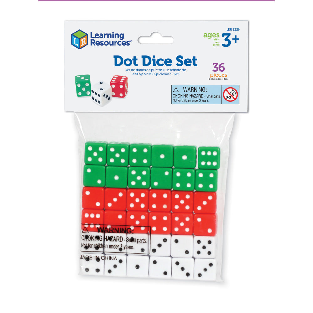 Learning Resources Dot Dice, Red/Green/White, Grade 1 to 5, 36 Dice Per Pack, Pack Of 3 Sets