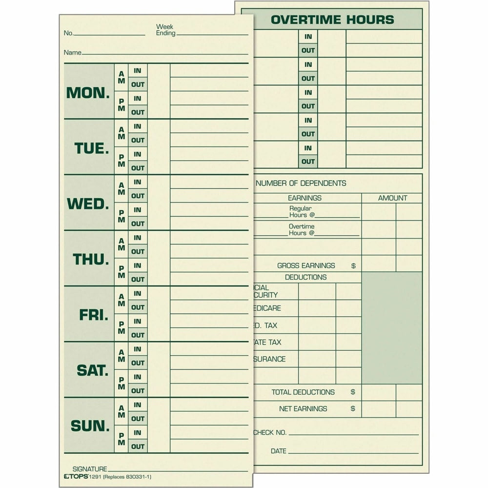 TOPS Time Cards (Replaces Original Card 331-10), Named Days, 2-Sided, 8 1/2in x 3 1/2in, Box Of 500