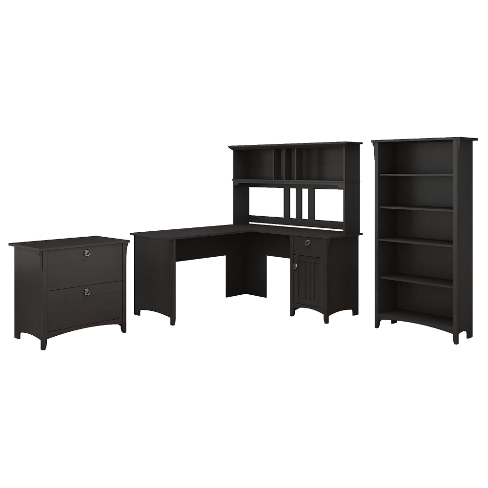 Bush Furniture Salinas 60inW L Shaped Desk with Hutch, Lateral File Cabinet and 5 Shelf Bookcase, Vintage Black, Standard Delivery